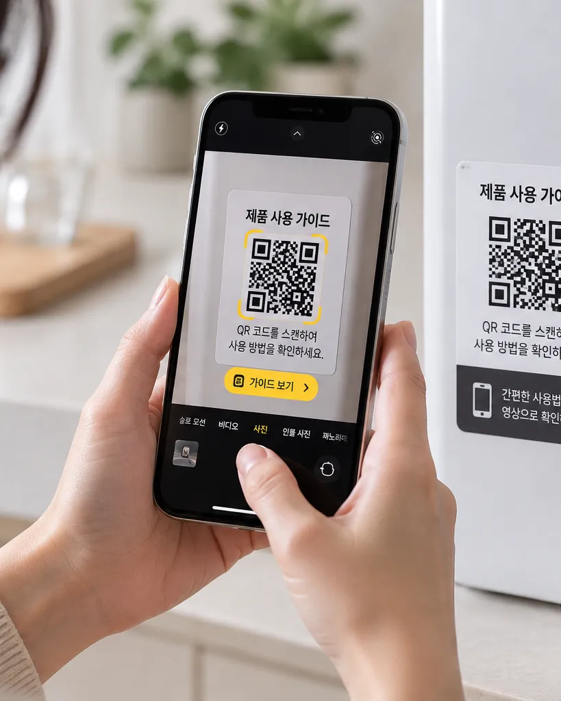 정수기에 붙은 QR을 휴대폰 카메라로 찍는 모습